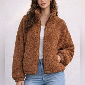 Urban Outfitters Willow Cozy Sherpa Drawstring Teddy Jacket Women Size S Orange